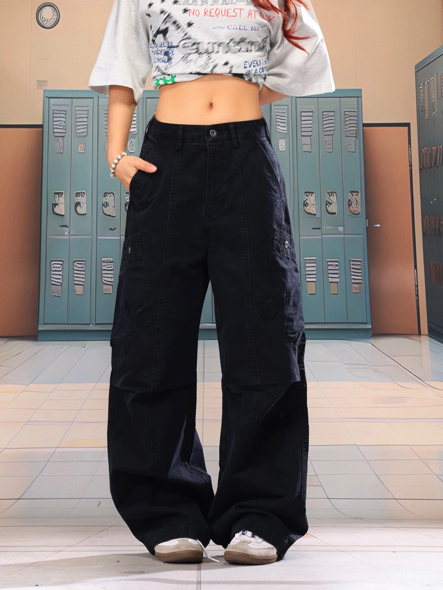

Light Blue American Style Loose Multi-Pocket Work Pants Women Summer Versatile Slimming Long Trousers High Waist Wide Leg Jeans