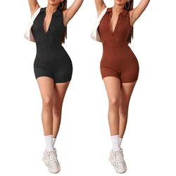 Women Sexy V Neck Jumpsuit Casual Sleeveless Button Down Knit Bodysuit Collared Romper Playsuit Steetwear Summer Clothing