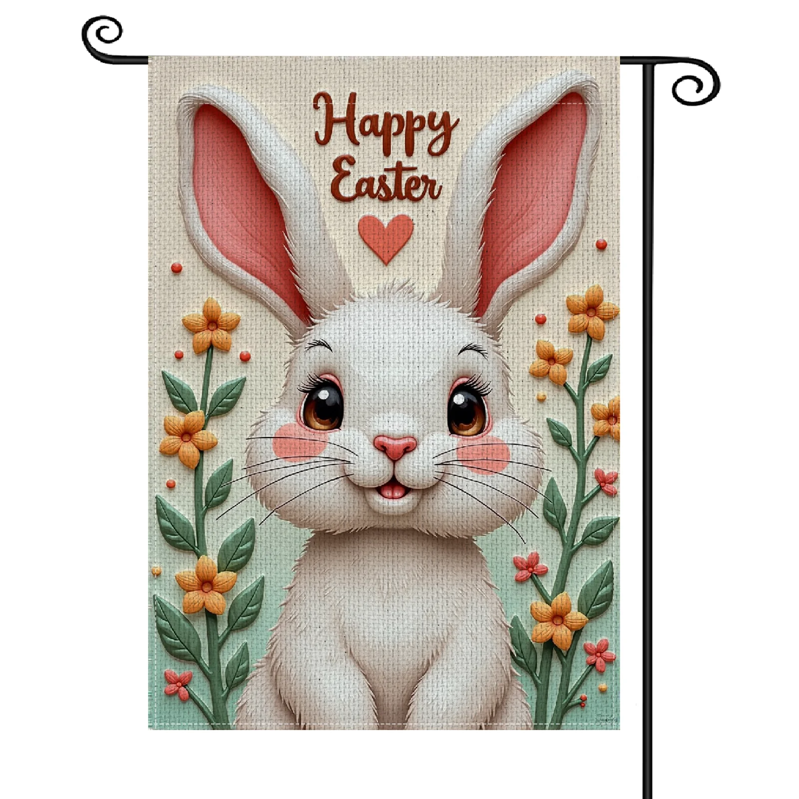 Bunny Design Happy Easter Garden Flag Floral Pattern Easter Bunny Yard Flag Heart Accent Pastel Color Scheme Spring Garden Banne