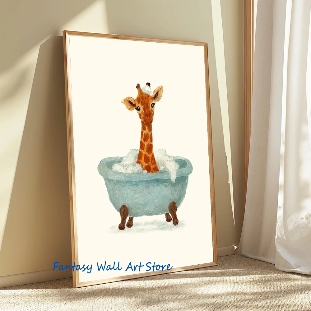 Cute Animal Bathroom Art Poster Animal Bubble Bath Toilet Poster Nursery Funny Toilet Decor Nursery Bathtime Bath Canvas Prints