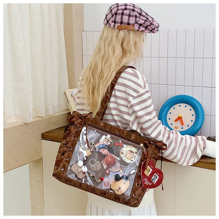 Large food volume ribbon pain bag Bow transparent baby bag Large capacity pain bag Shoulder bag Japanese ribbon pain bag Tote ba