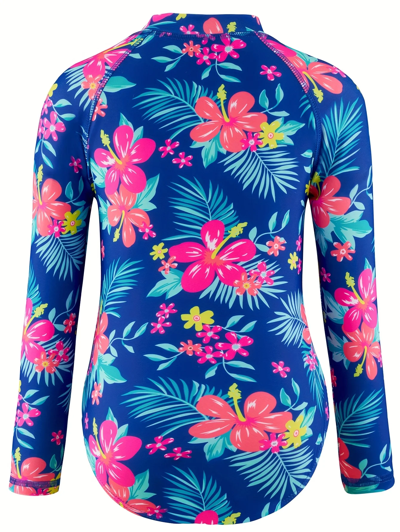 Girls Tropical Hibiscus Floral  Long Sleeve Swimsuit Zipper Front Quick Dry Bathing Suit for Beach Pool Vacation