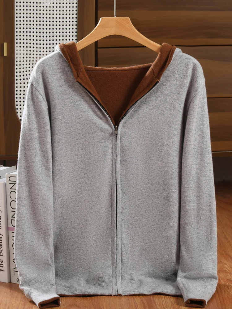 Cardigã Masculino de Cashmere com Capuz e Zíper Dupla Face, Cores Contrastantes, Grosso e Solto, Suéter Casual de Tricô para Outono e Inverno