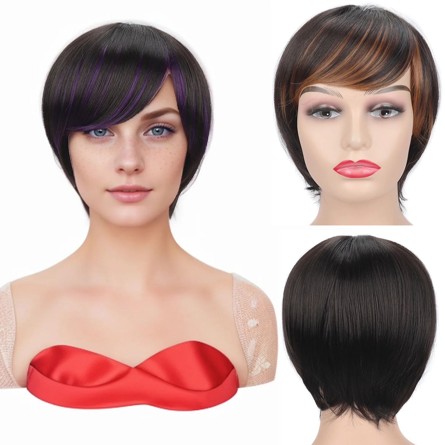Women's Short Pixie Bob Wigs with Bangs Synthetic Hair Natural Looking Fashion Black Ombre Multi Color for Daily Party Cosplay