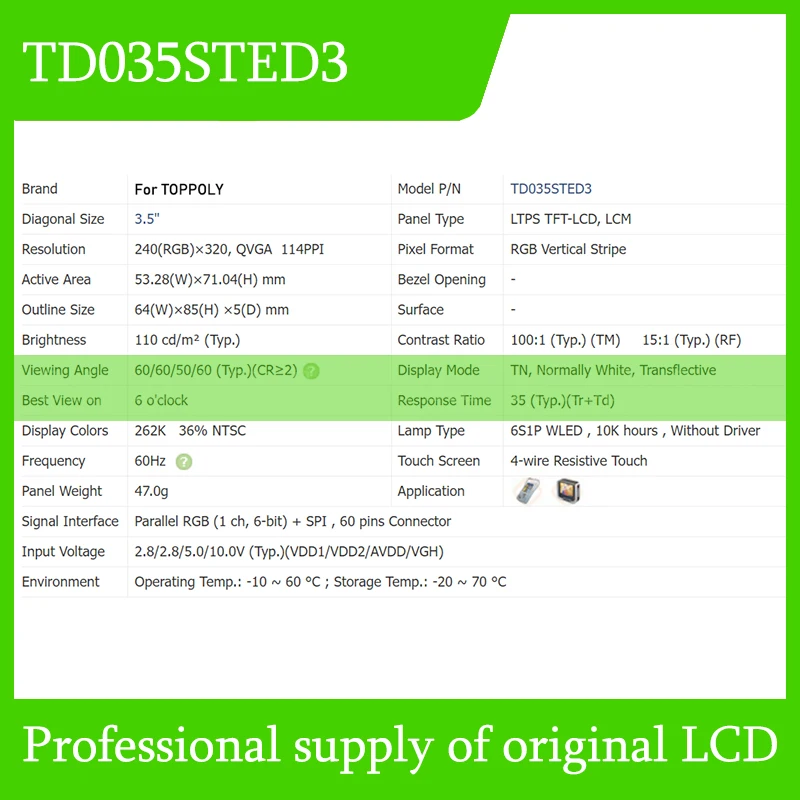 لوحة شاشة LCD أصلية لـ TOPPOLY ، TD035STED3 ، شحن جديد وسريع تمامًا ، تم اختباره ،