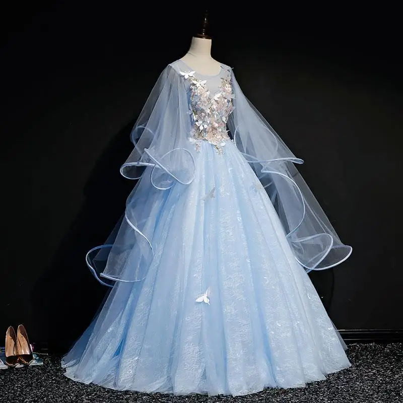 Glittering Light Blue Quinceanera Dress Long Sleeve Crystal Floral Appliqué Vestidos De 15 Anos Formal Birthday Formal Dresses