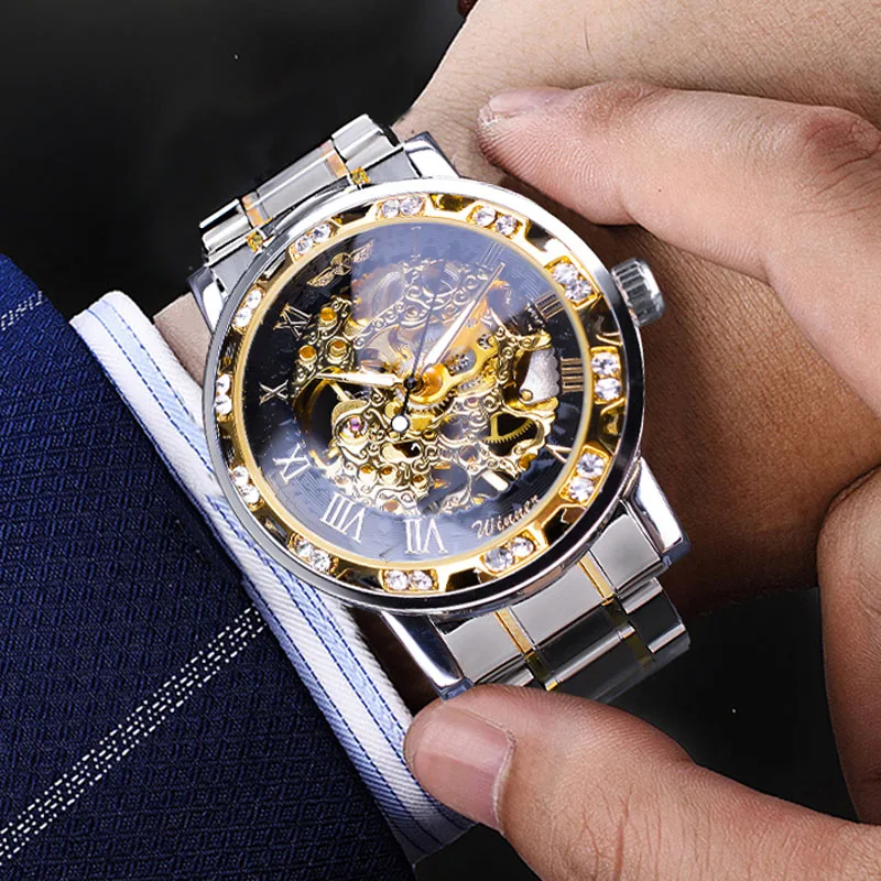 

T-Winner Watch Men Skeleton Watches Stainless Steel Band Mechanical Hand Wind Wristwatches Men Luxury Gold Roma Watches relogio