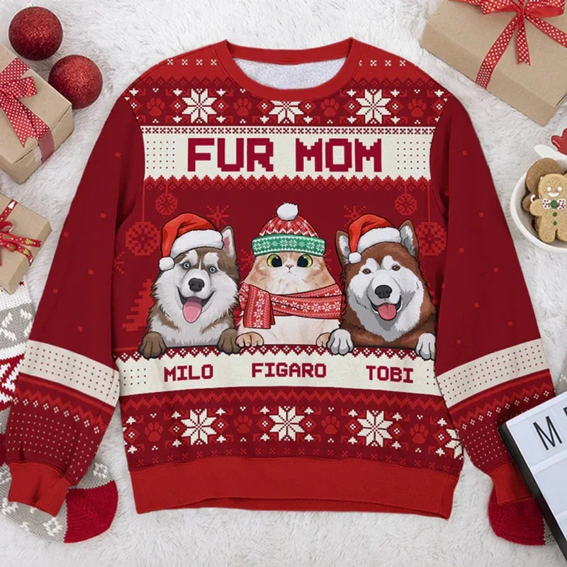 New Autumn Winter Ugly Christmas Pullover Funny 3D Cat Dog Printed Sweatshirt Fashion Unisex Long-sleeved Party Tops