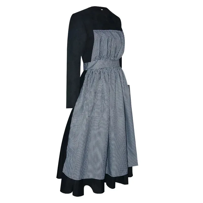 

XT8Anime The Sound of Music Maria Cosplay Costumes Vertically Striped Apron Skirt Long Sleeve Black Ankle Length Dress for @XT6！