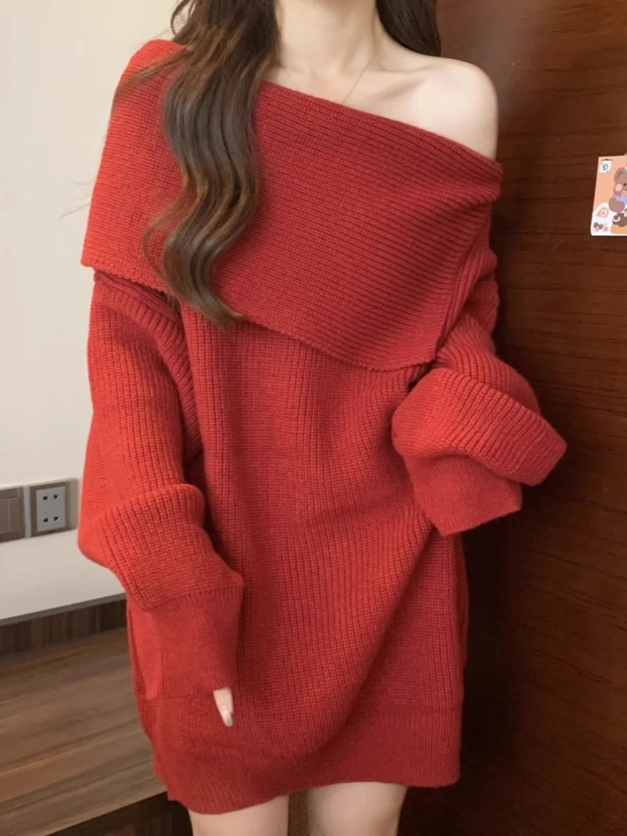 

Red Knitted Sweater Dr Women's Autumn Winter New Sle Slimming Belly Covering One oulder Design Knitted Dr
