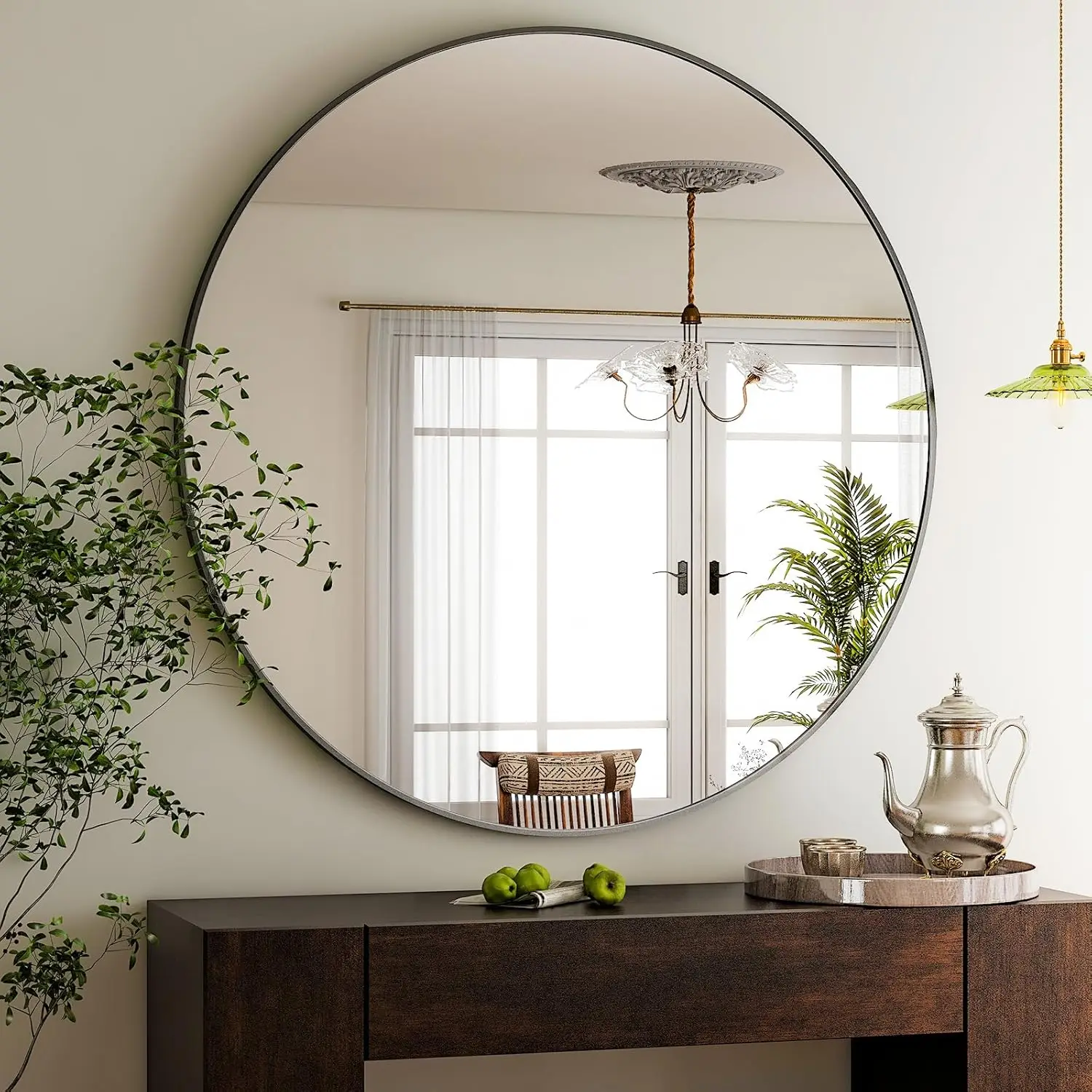 

48-дюймовое круглое черное зеркало для ванной комнаты, современное большое настенное зеркало с алюминиевой рамой для гостиной, спальни, прихожей