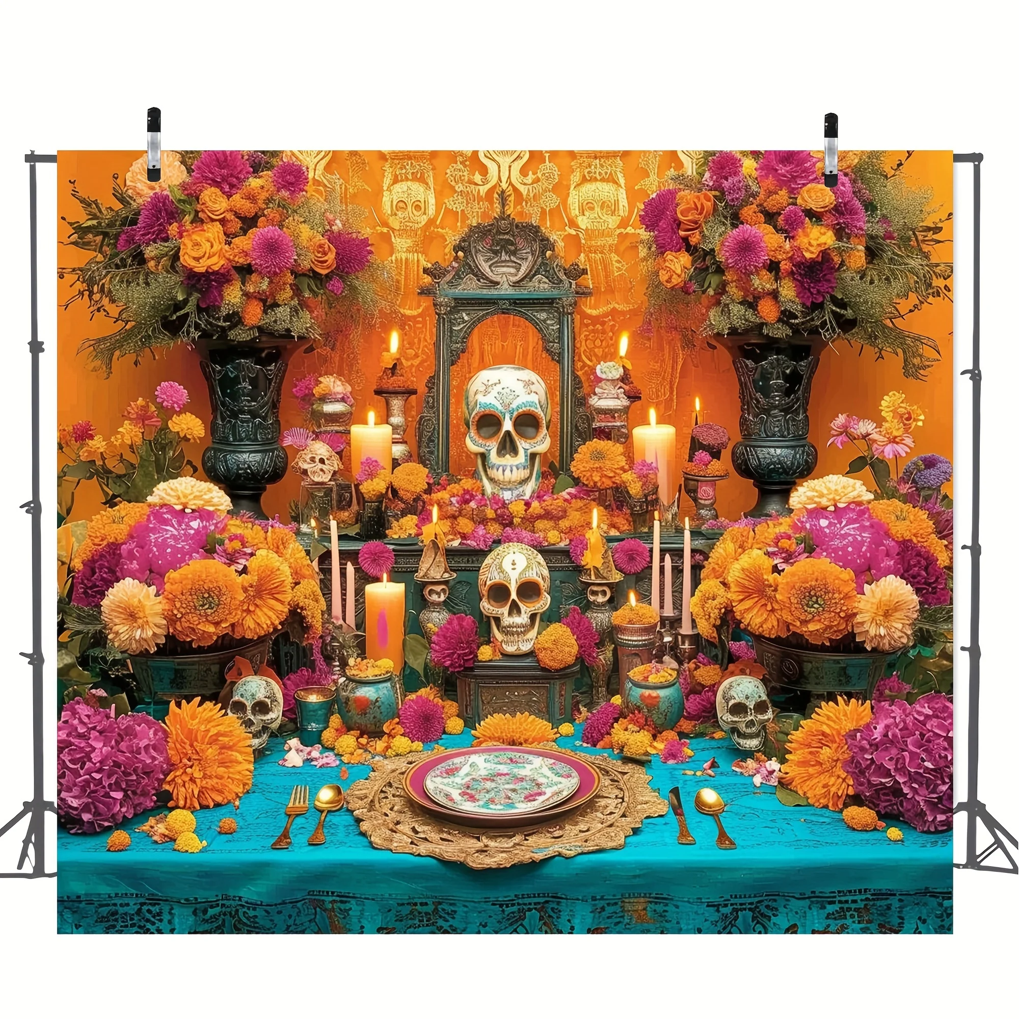 Vibrant Day of the Dead Altar Backdrop-Polyester, Multipurpose, Reusable, and Durable -Perfect for Mexican Fiesta, Cinco De Mayo