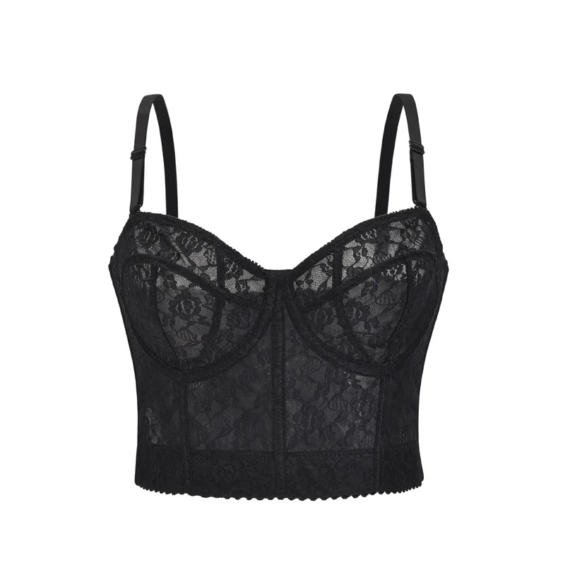 

Sexy Women Mesh Gauze Overbust Corset Shoulder Strap Floral Lace Corset Tops Fashion Sweet Vest Crop Bralette Rear Buckle Bras