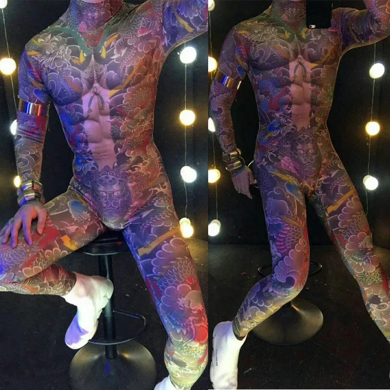 

Halloween Nightclub Men Singer Pole Dancing Costume Nude Printing Tattoo Jumpsuit Male Stretch Leotards Rave Outfit XS4385