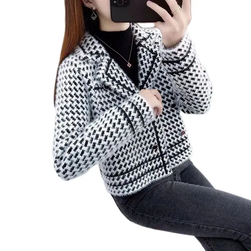 

Short Women's Coat Spring Autumn 2022 New Style Female Jacket Knitting Cardigan Imitation Mink Velvet Ladies Student Outerwear
