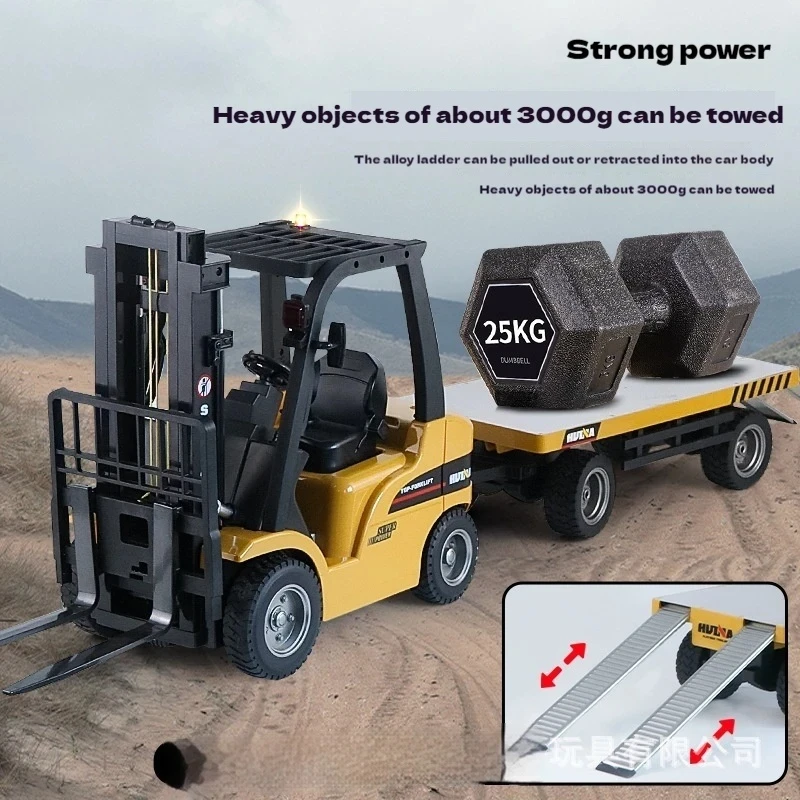 53CM Huina zdalnie sterowany wózek widłowy ze stopu, elektryczny model pojazdu inżynieryjnego z dużym płaskim podwoziem, zabawka dla chłopca, prezent urodzinowy z wyższej półki