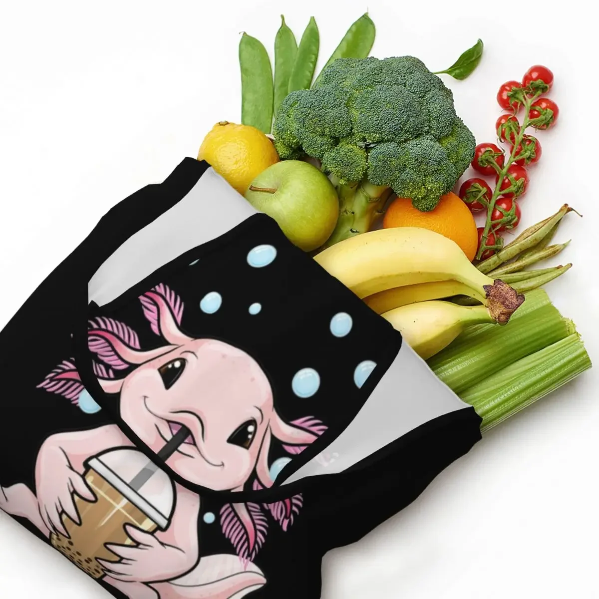 

Reusable Kawaii Axolotl Milk Tea Boba Tea Shopping Bag Women Shoulder Canvas Tote Bag Portable Salamander Grocery Shopper Bags