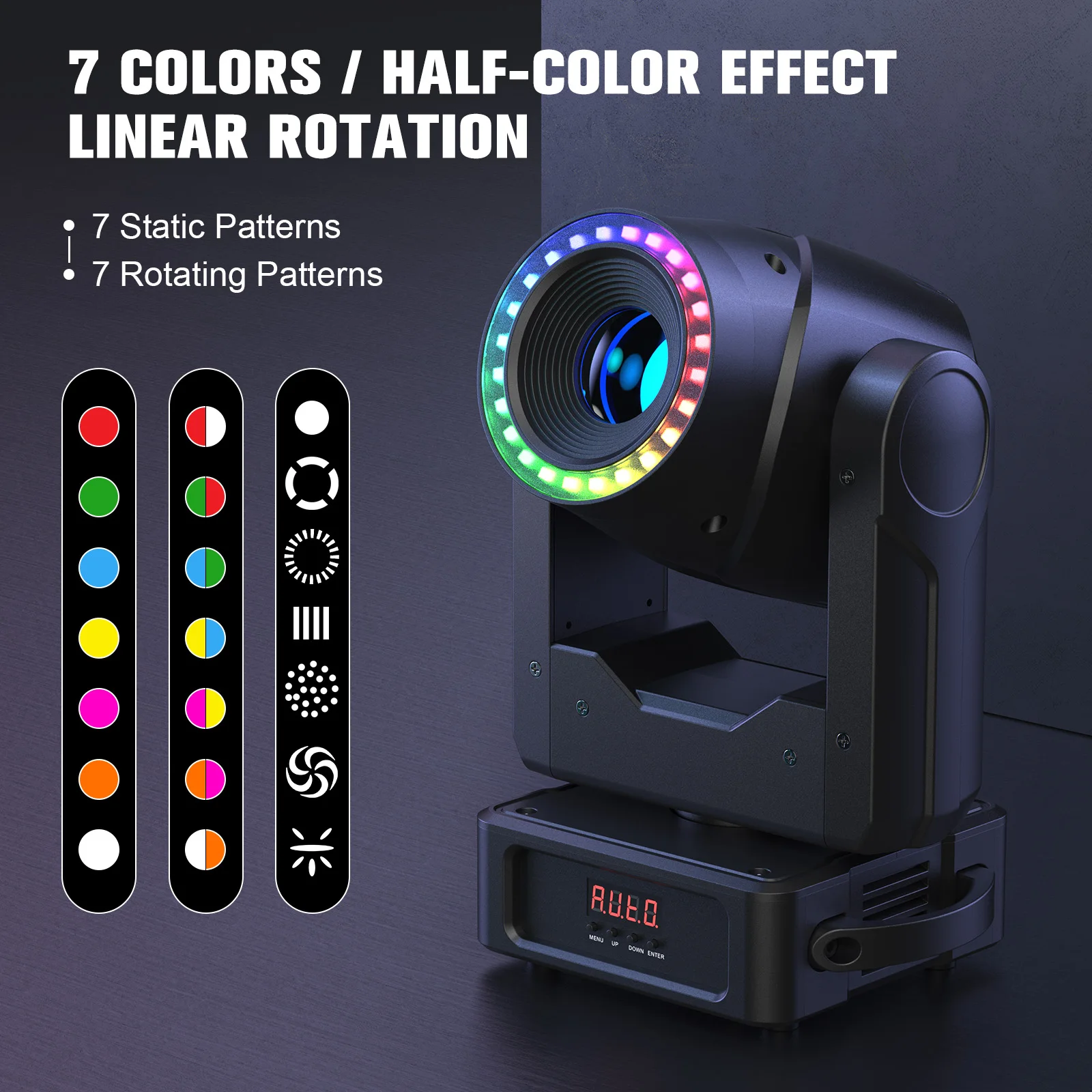 U'King Mini 150W luz de Dj con cabezal móvil con tira de Halo 7GOBO 7 colores 3 prismas RGBW luz LED de escenario DMX512 para DJ Disco fiesta de boda