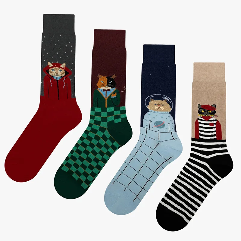 Novelty Creative Cartoon Cat Crew Socks Funny Cotton Unisex Fashion Street Skateboard Stockings Women Men Couple Long Socks Gift