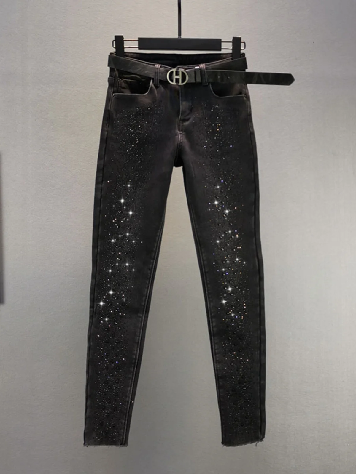 

Утепленные женские джинсы Thiened Fce с высокой талией, облегающие, с бриллиантовой отделкой, расклешенные, зимние, новые, модные, из эластичного хлопкового денима