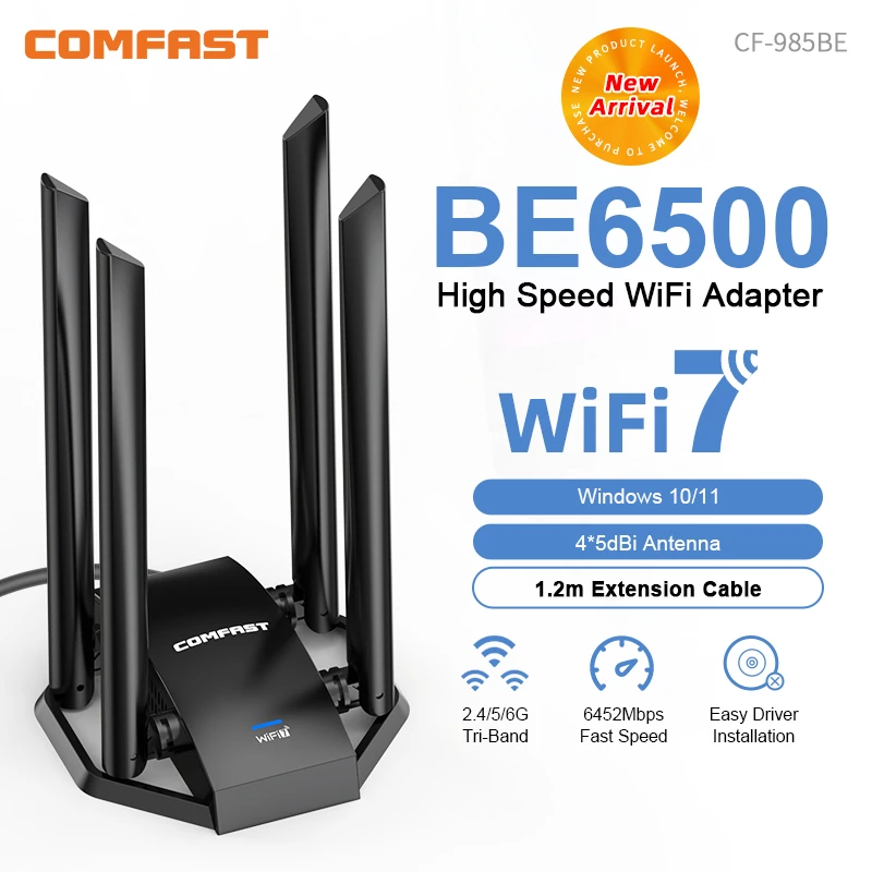 

WiFi 7 BE6500 USB Adapter 2.4G/5.8G/6G Antena Wifi7 Network Card WPA3 Adaptador Ethernet placa wifi Driver-Free For PC Win10/11