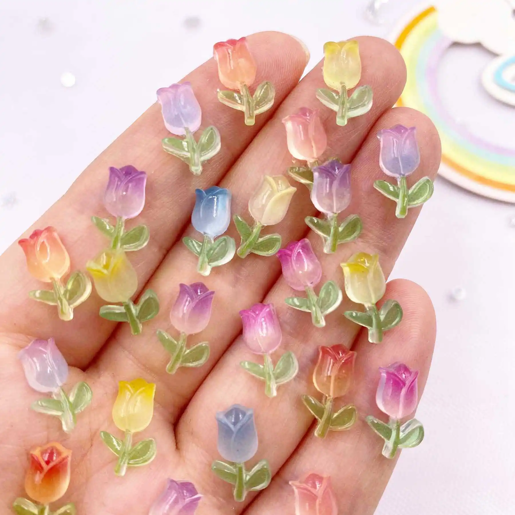 50pcs Resin Kawaii Mini Colorful A Tulip Art Nails Flatback Flower Rhinestone Applique Accessories DIY Manicure Scrapbook Crafts