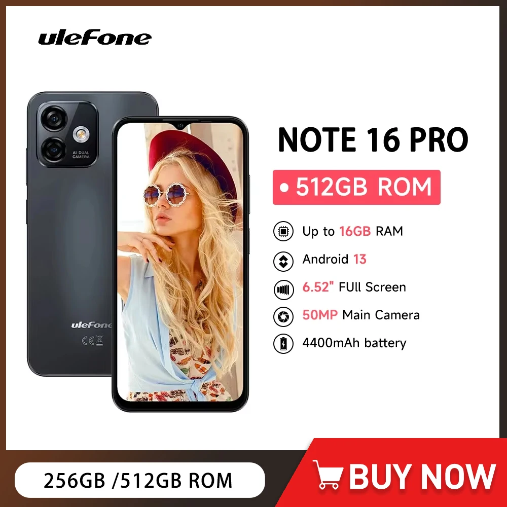 

Ulefone Note 16 Pro 4G Smartphone Android 13 256GB/512GB ROM 8GB RAM 6.52" HD Octa Core Mobile Phone 50MP 4400mAh Global Version