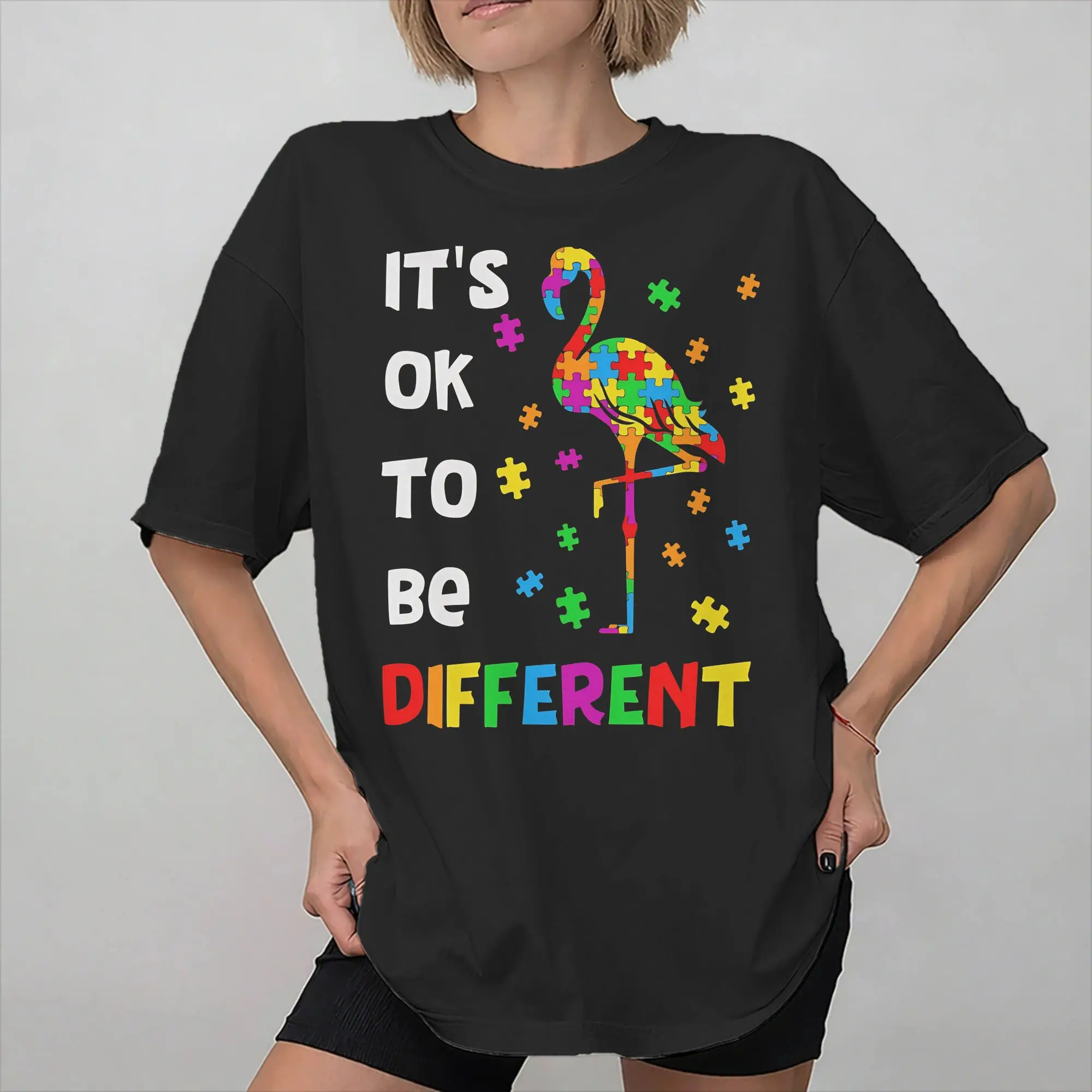 It's Ok To Be Different Flamingo autism Merch Unisex T Shirt Pure Cotton Tee Print  T-shirt Clothing