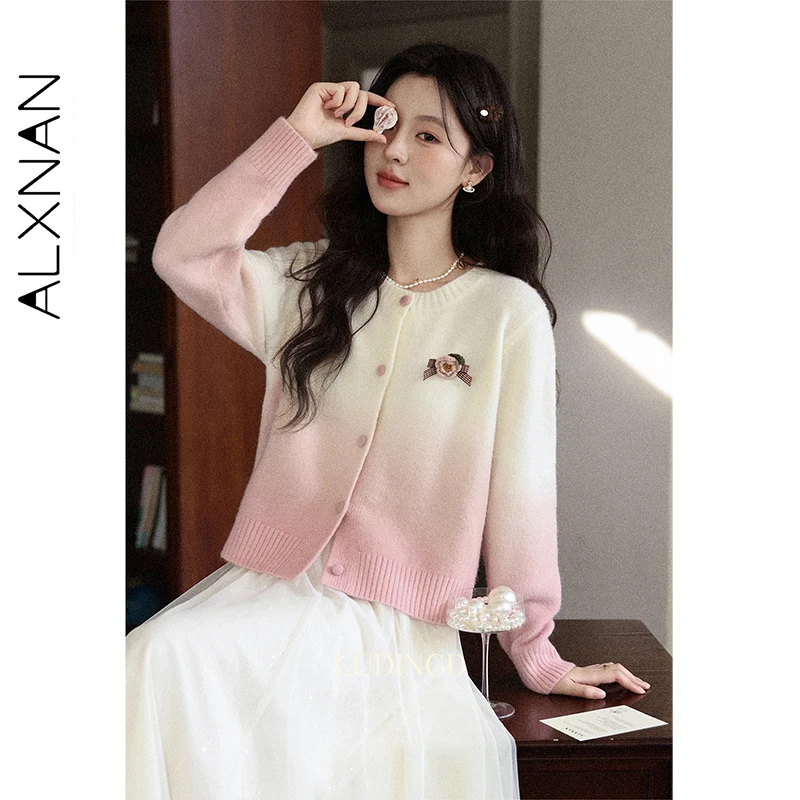 ALXNAN bleu Cardigan femmes col rond 3d fleur dégradé couleur pull 2025 automne doux décontracté à manches longues tricoté hauts L57212-1