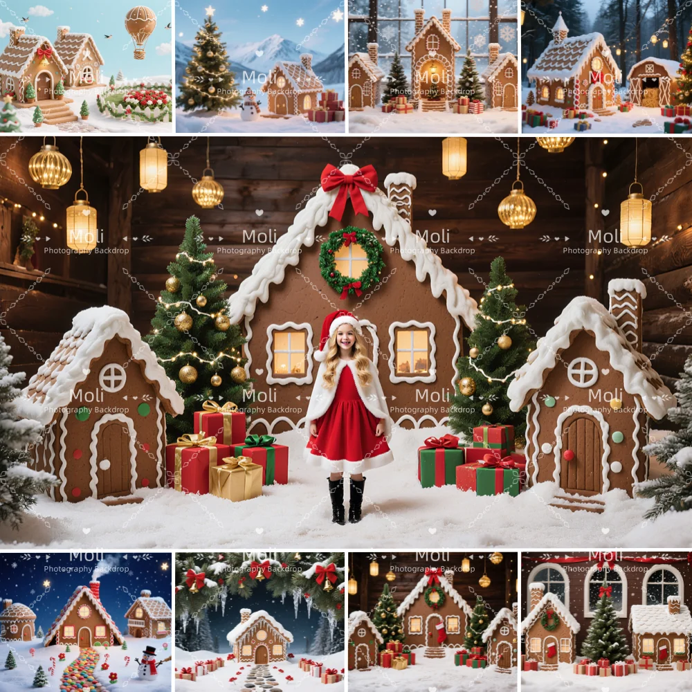 

Snowy Gingerbread House Photography Background Glitter Xmas Tree Lantern Gift Backdrop Booth Kid Winter Birthday Portrait Studi