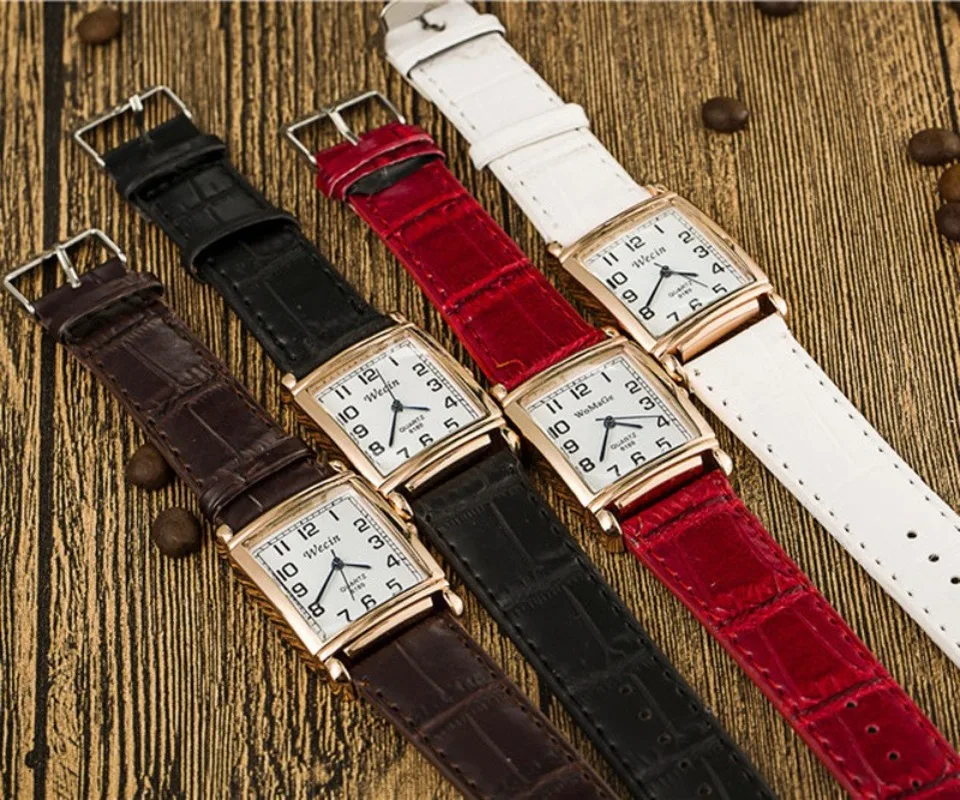 ساعة نسائية عصرية فاخرة معدنية باللون الذهبي الوردي ساعة كوارتز نسائية مستطيلة من الجلد الأحمر