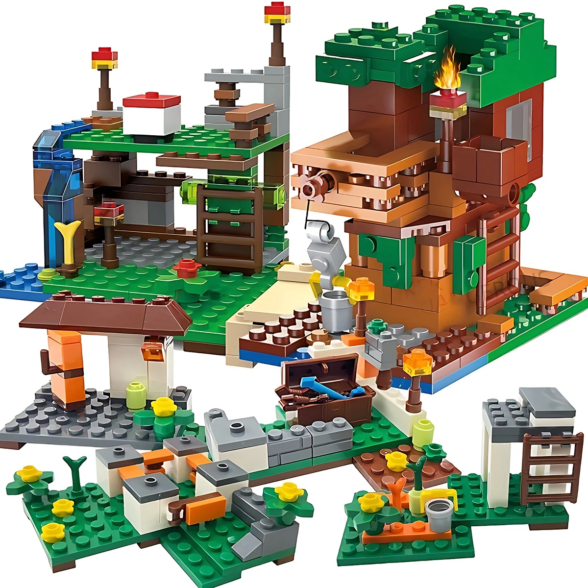 My World Village Tree House Waterfall Warhorse Building Blocks with Figures Bricks DIY Toys Halloween Christmas Gift