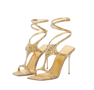 

Блестящие женские летние босоножки с квадратным носком, стразами и перекрестными ремешками, на шпильке 10 см, с пряжкой, в сексуальном стиле