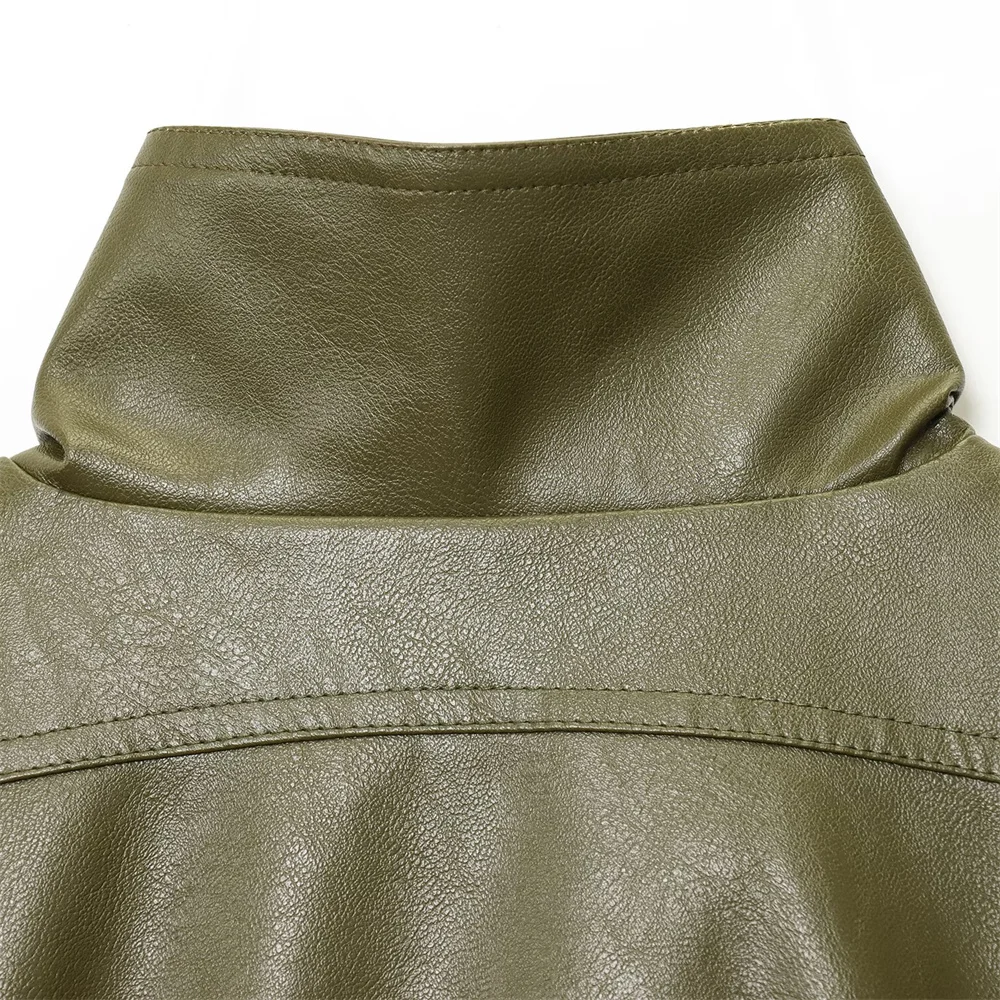 سترة نسائية جديدة للخريف والشتاء متعددة الاستخدامات بياقة واقفة وأكمام طويلة بلون سادة وتأثير من الجلد المقلد #5