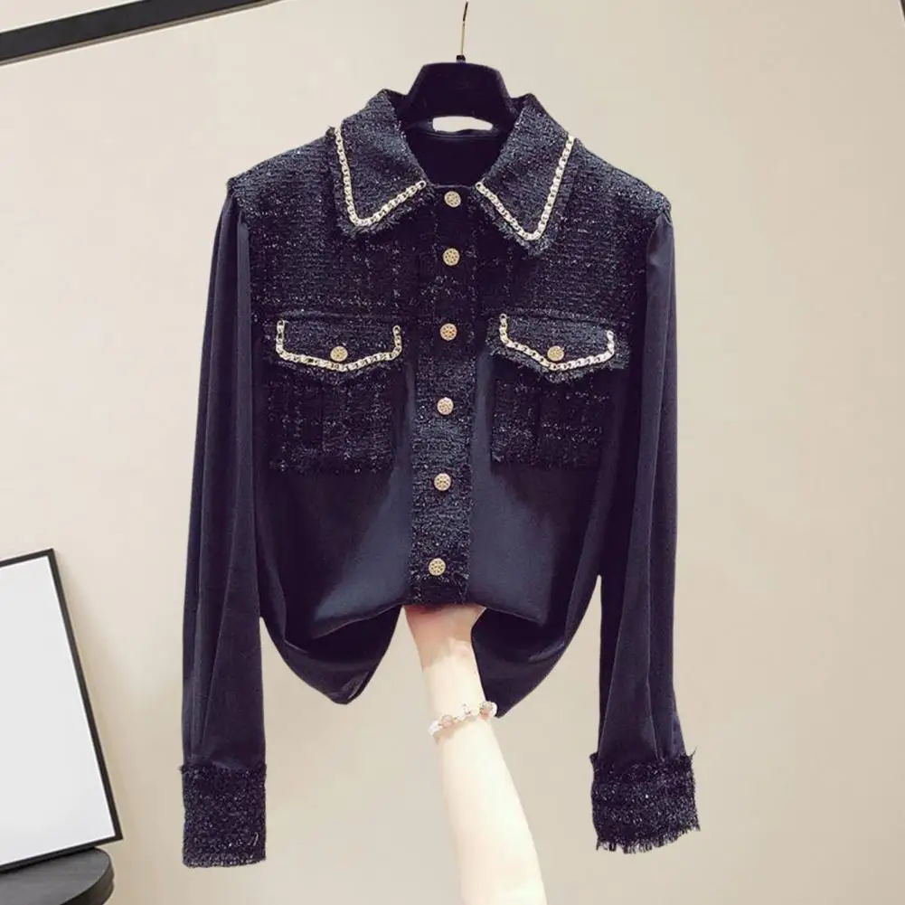 

French Style Lapel Long Sleeve Flap Pockets Single Breasted Autumn Top Elegant Women Splicing Chequer Solid Color Shirt Blouses