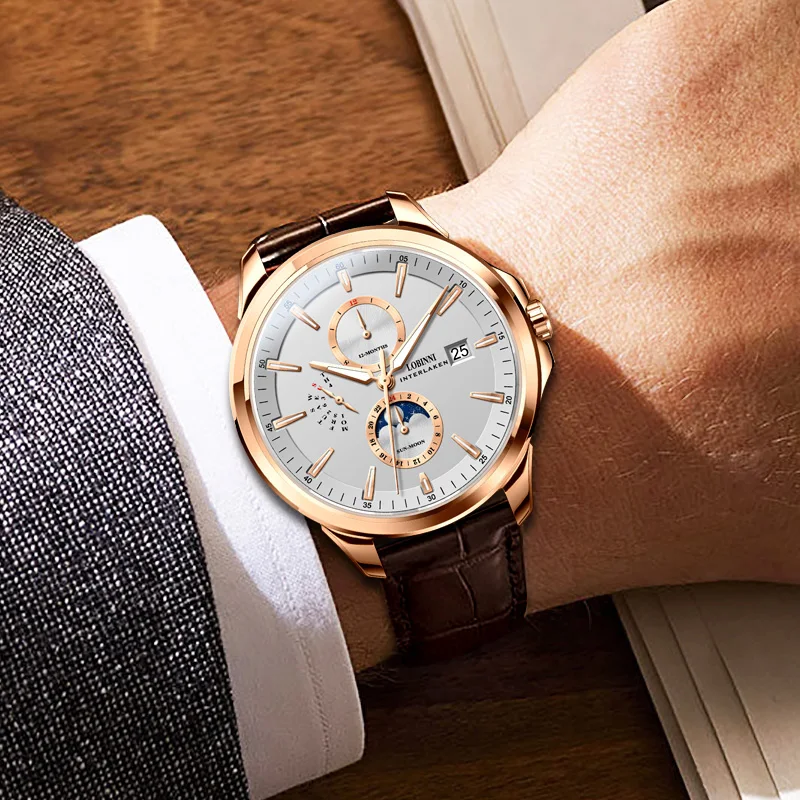 LOBINNI 2025, nuevo diseño, pantalla del mes de fin de semana, puntero luminoso, fecha, relojes de pulsera automáticos para hombres con correa de cuero