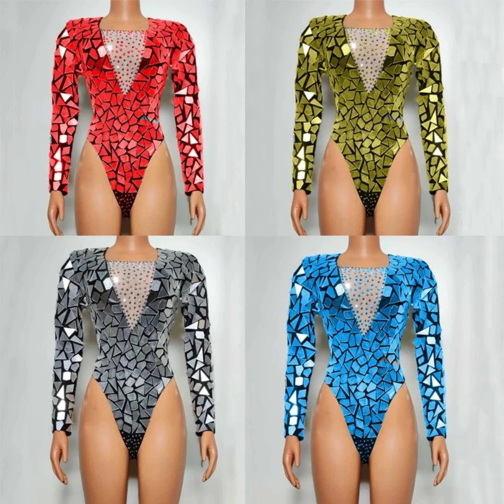 

Women Rhinestones Bodysuit Female Mirrors Costumes Bar Nightclub Dj Ds Wear Stage Pole Dance Clothing Entertainment Events disfr