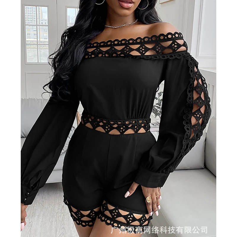 Women Playsuits Sexy Solid Color Slim High Waist Openwork Playsuits Women Long Sleeve Off Shoulder Slash Neck Straight Playsuits