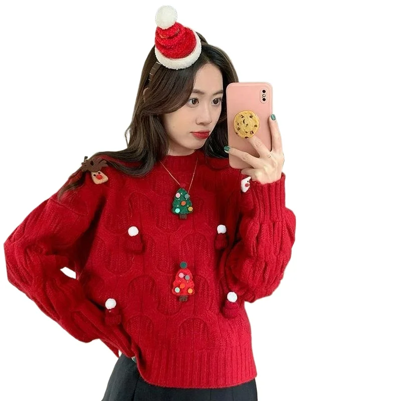 

Red Three-dimensional Decorative Sweater for Women Christmas Autumn/winter New Style Fashionable Sweet Youthful Stylish Warm Top
