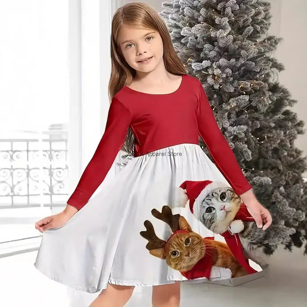 Girls' Christmas Dress Fresh Long Sleeved Dress 24 Autumn Outfit New Christmas Deer Print Fashionable And Cute GE01