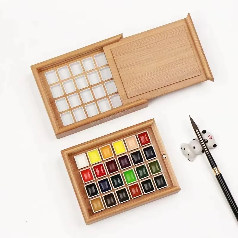 Portable Wooden Handmade Watercolor Paint Box Empty Box Push-pull/Flip Style Mini Black Bamboo Paint Palette Painting Supplies