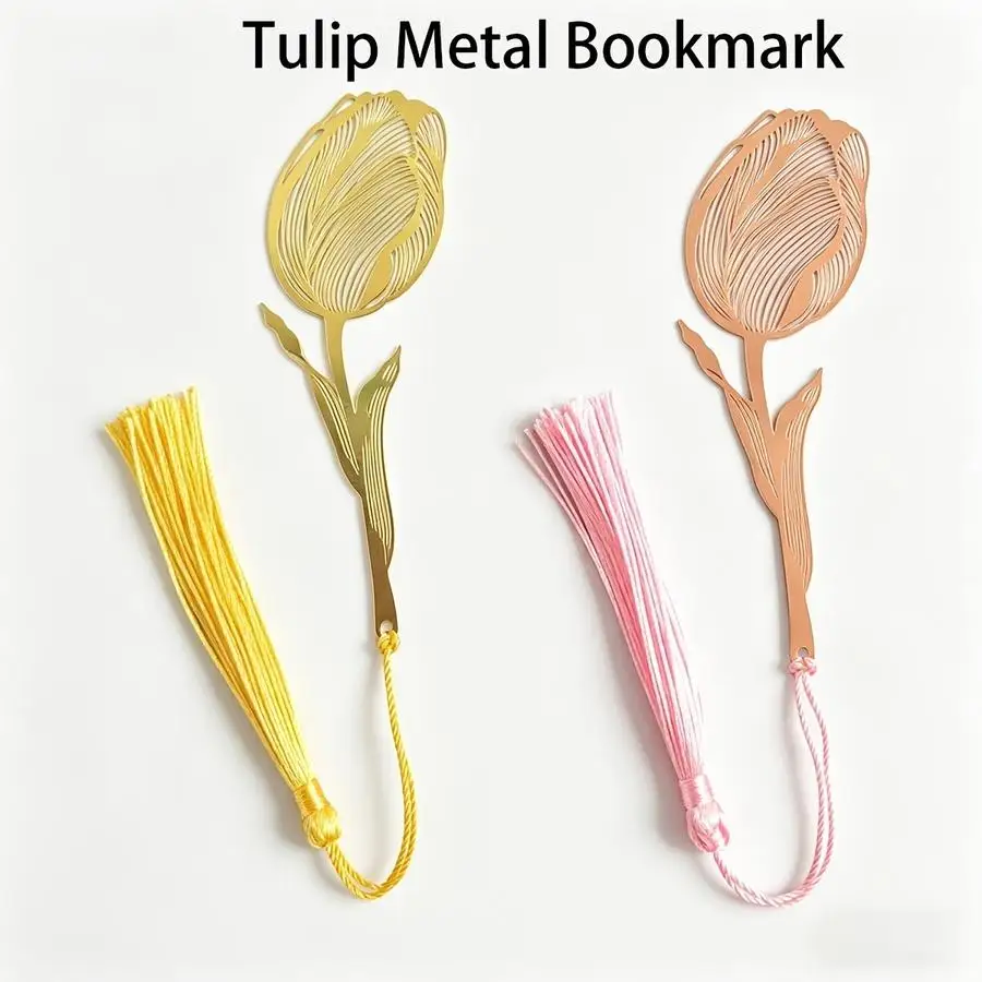 1/5/10/20/50/100pcs Tulip Metal Bookmark, Golden and Rose Golden Openwork Bookmark with Tassel, Elegant Page Marker, Suitable fo