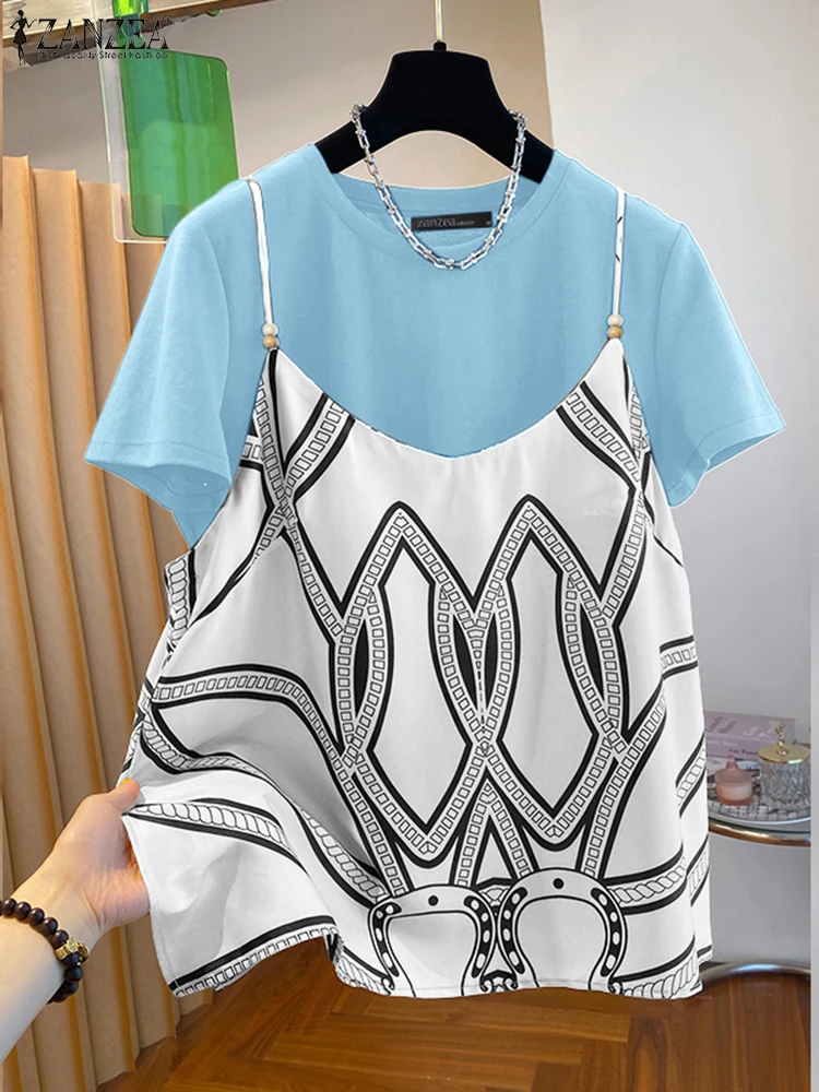 2025 ZANZEA Holiday Printed Shirt Stylish Summer Two Pieces Blouse Women Tanks Tops Casual O Neck Short Sleeve Work Blusas Camis