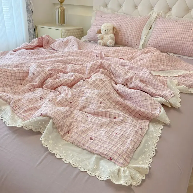 Ins Style Washed Cotton Bedding Set, Lace Trim Twin Size Dorm Bedding with Fitted Sheet 3/4 Pcs