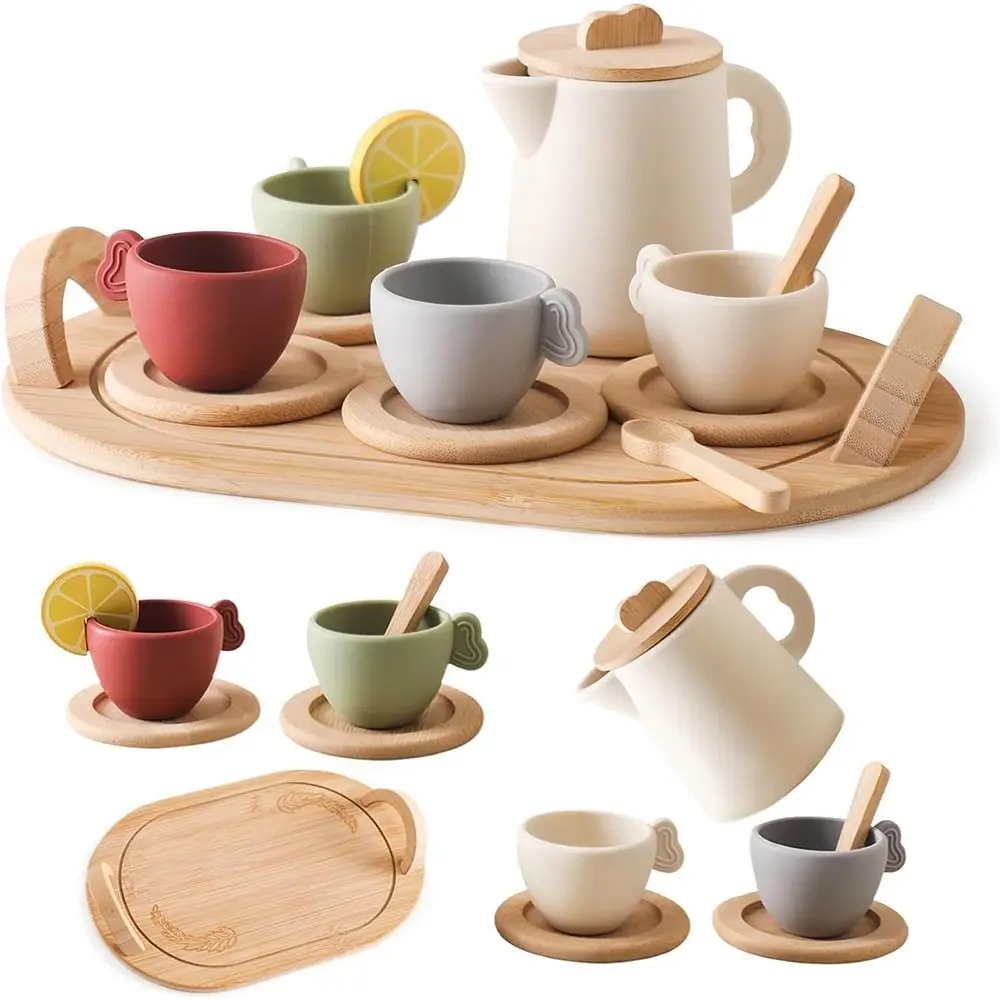 Divertido juego de fiesta de té de plástico, posavasos, tetera, Mini bandeja de utensilios de cocina, juego de té apto para lavavajillas, regalo para niños