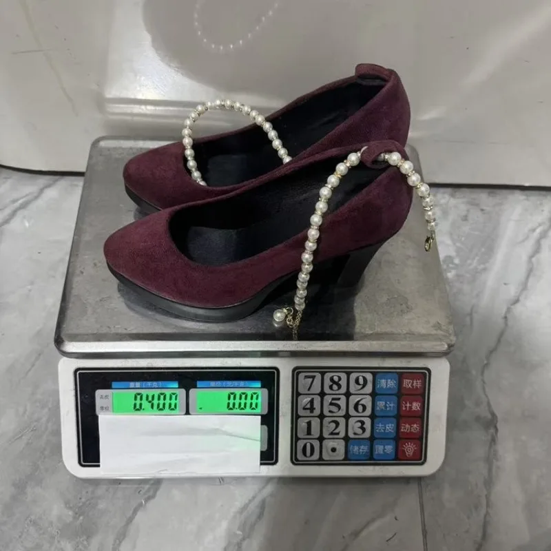 Thick-soled High-heeled Spring-autumn Single Shoes with Waterproof Platform and Round Toe, with Suede Surface