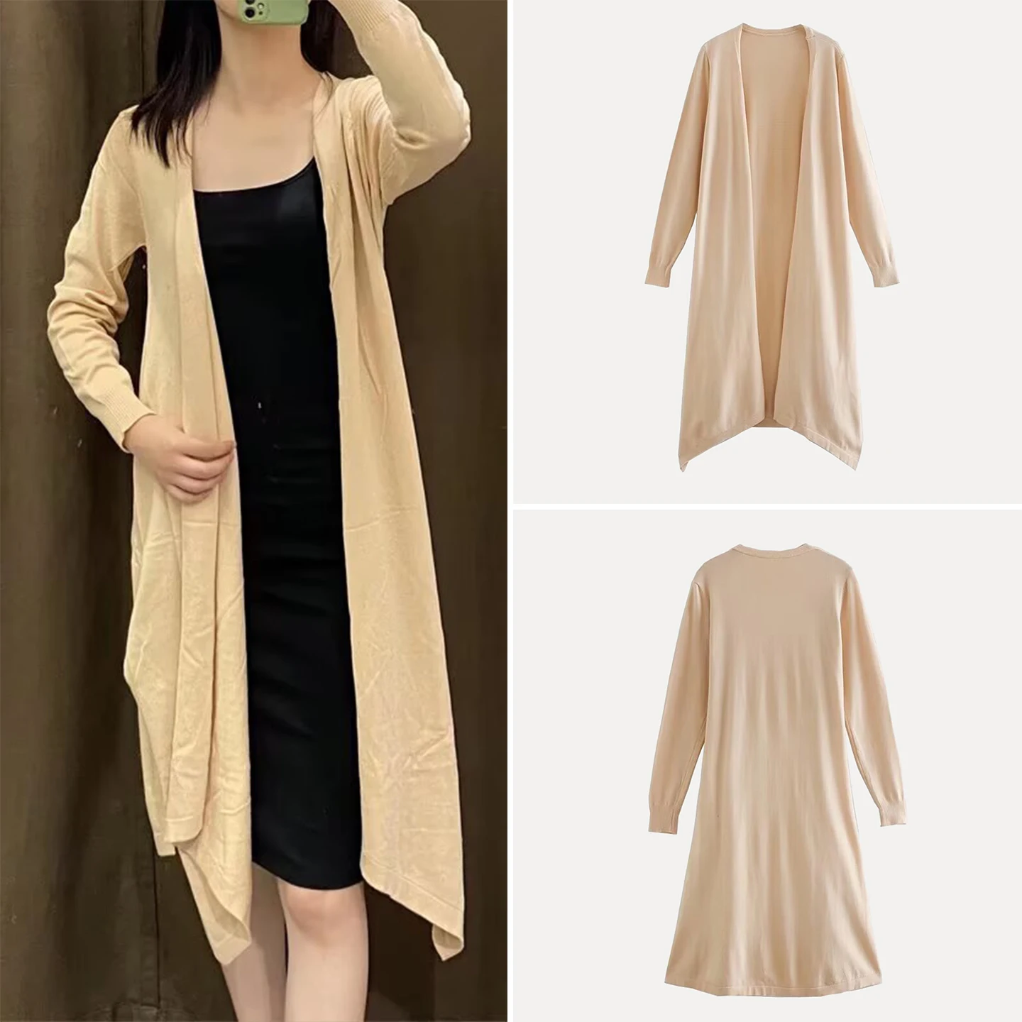 

Модный повседневный свободный открытый кардиган, женский однотонный свитер-букле, осень 2023, длинный свек, круглый, средней длины