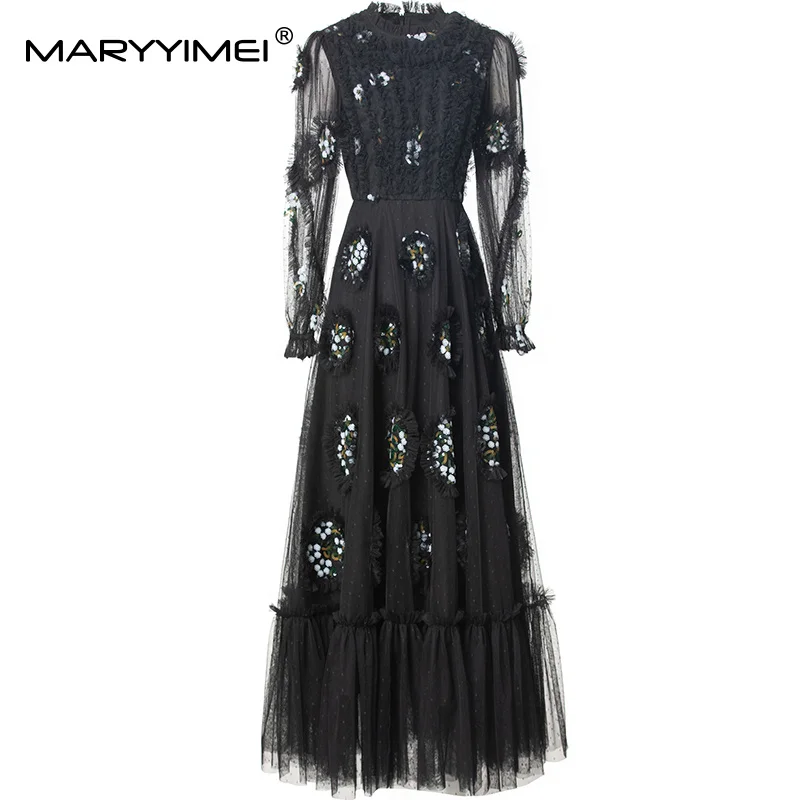 

MARYYIMEI Fashion design Women's Dress For Long Sleeve Fungus Sequins High waist New Elegant Big Swing S-4XL Dresses