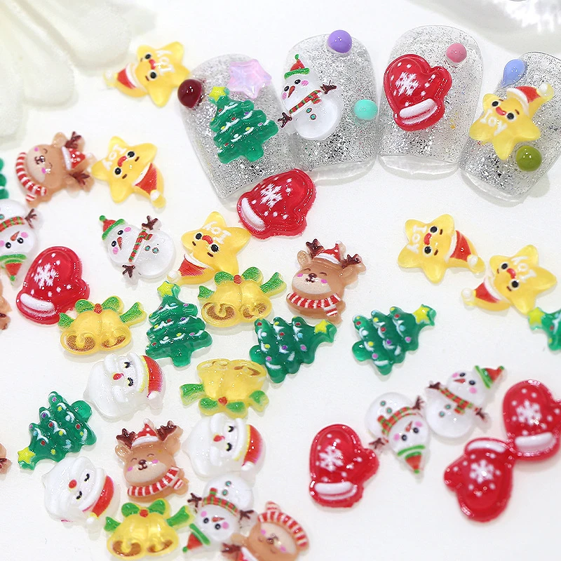 10Pcs Christmas Cartoon Nails Decoration Santa Claus Elk Bell Tree Resin Nail Charms Cute Jewelry Party Decoration Accessories