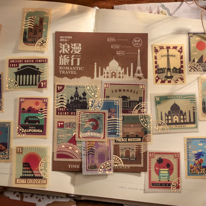 40PCS Time Post Office Series Decorative Stickers Vintage Foil Stamps Handbook Scrapbooking Label Diary Junk Journal Planner